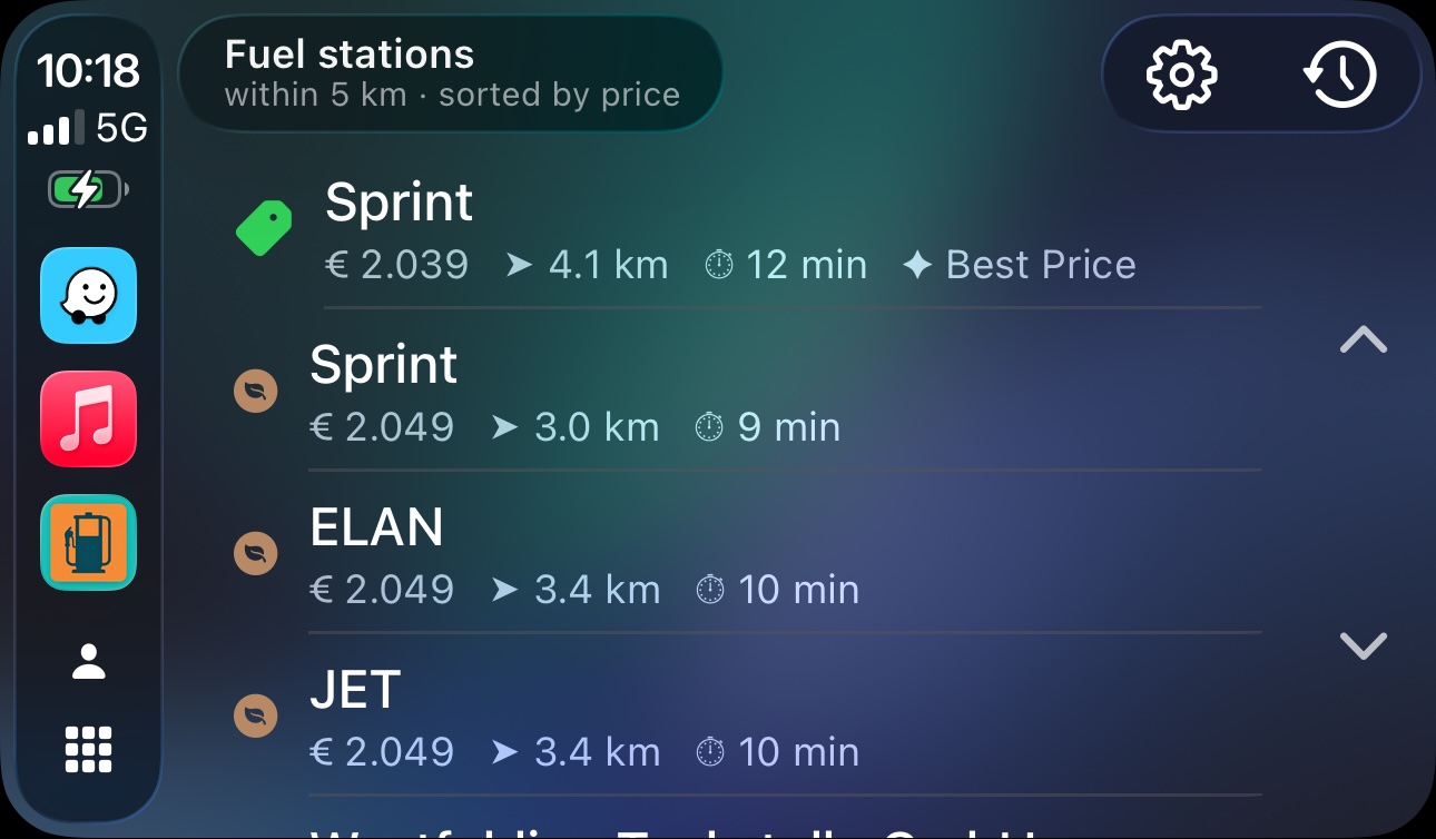 Tank Radar CarPlay station list showing ETA, distance and best price