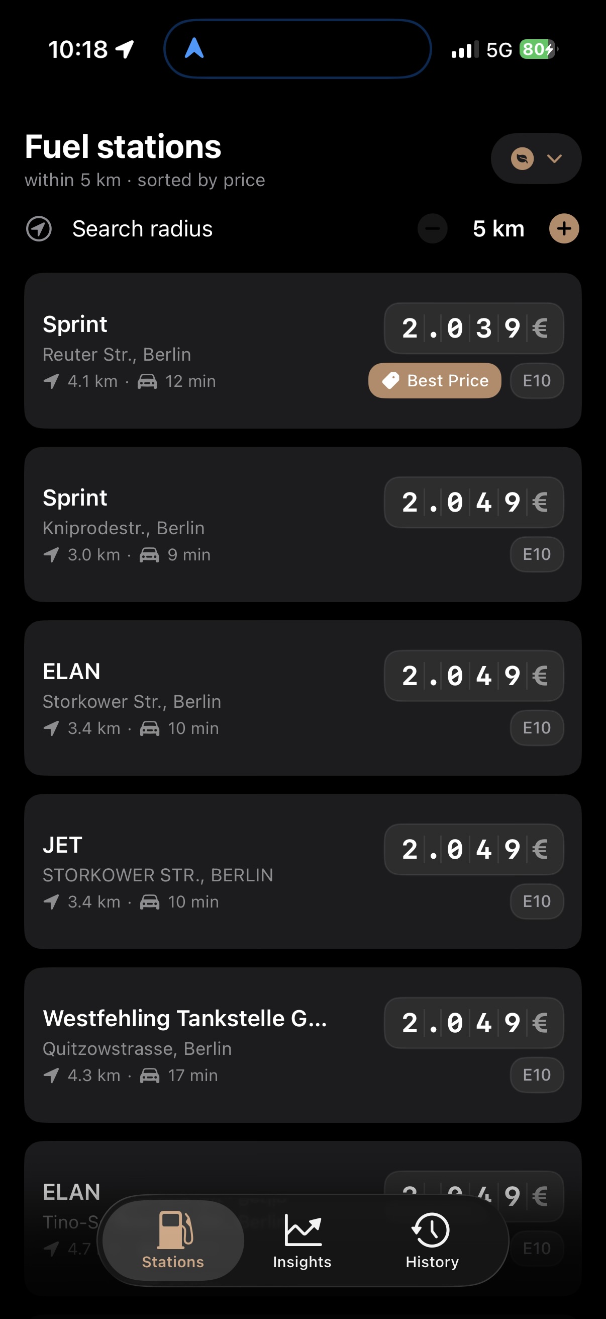 Tank Radar iPhone station list showing sorted fuel prices, ETA and distance