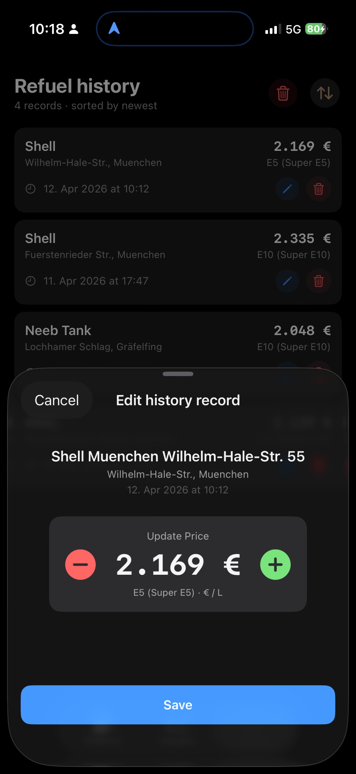 iPhone history record update screen