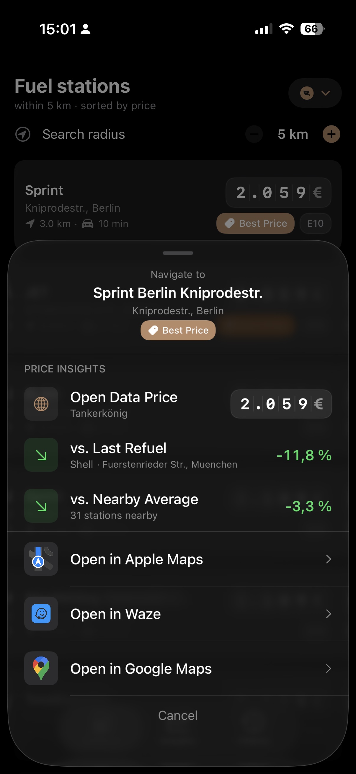 Tank Radar iPhone station detail view with price insights and navigation options